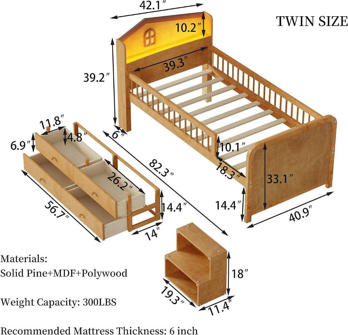 Natural Wood Kids Low Loft Bed With Storage Drawers