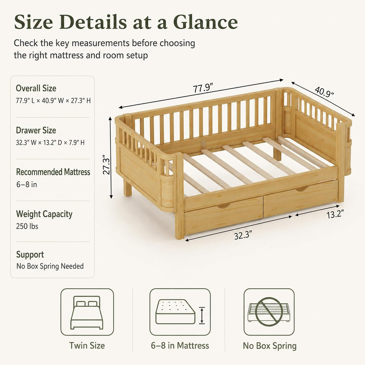 Natural Low Wooden Twin Kids Bed With Storage Drawers