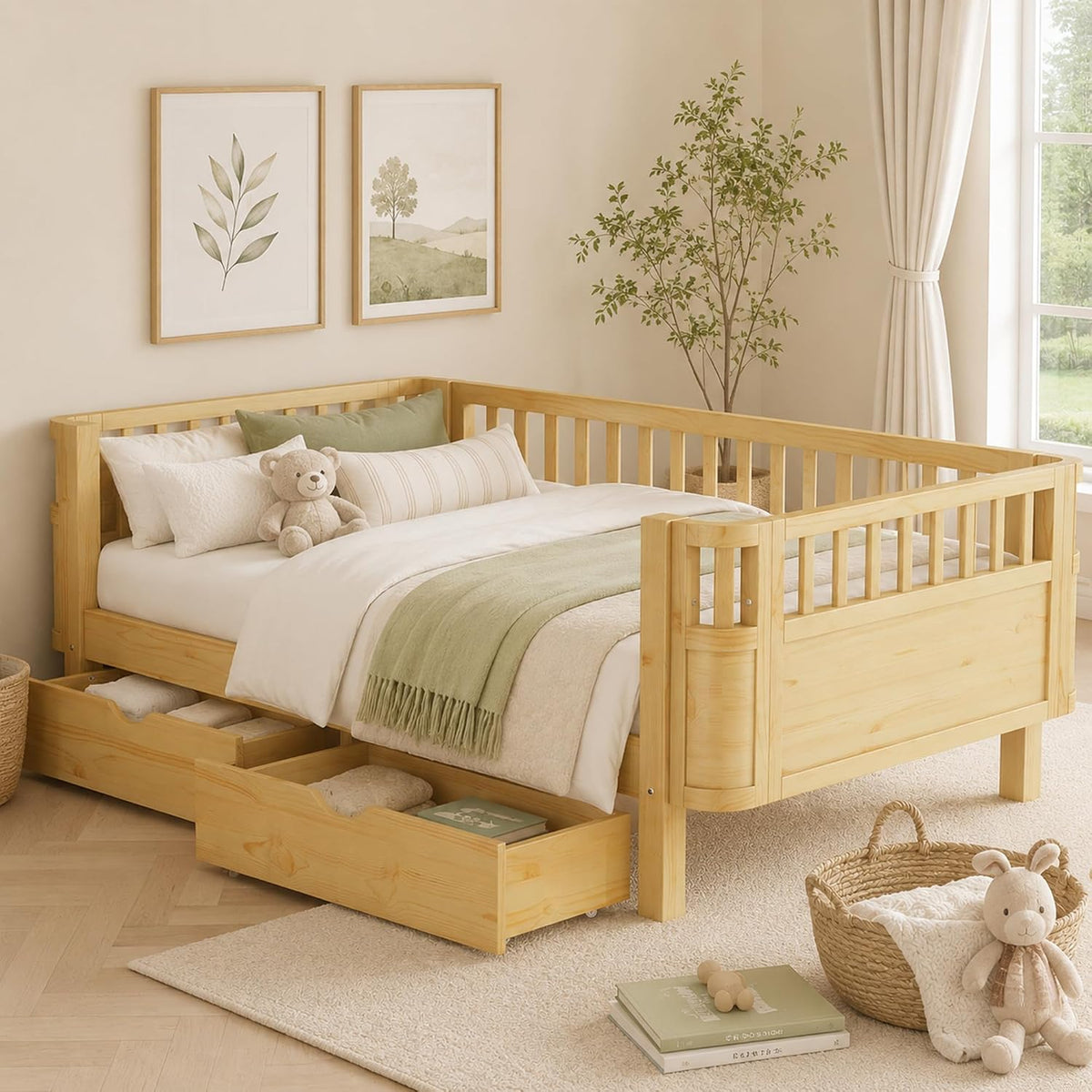 Natural Low Wooden Twin Kids Bed With Storage Drawers