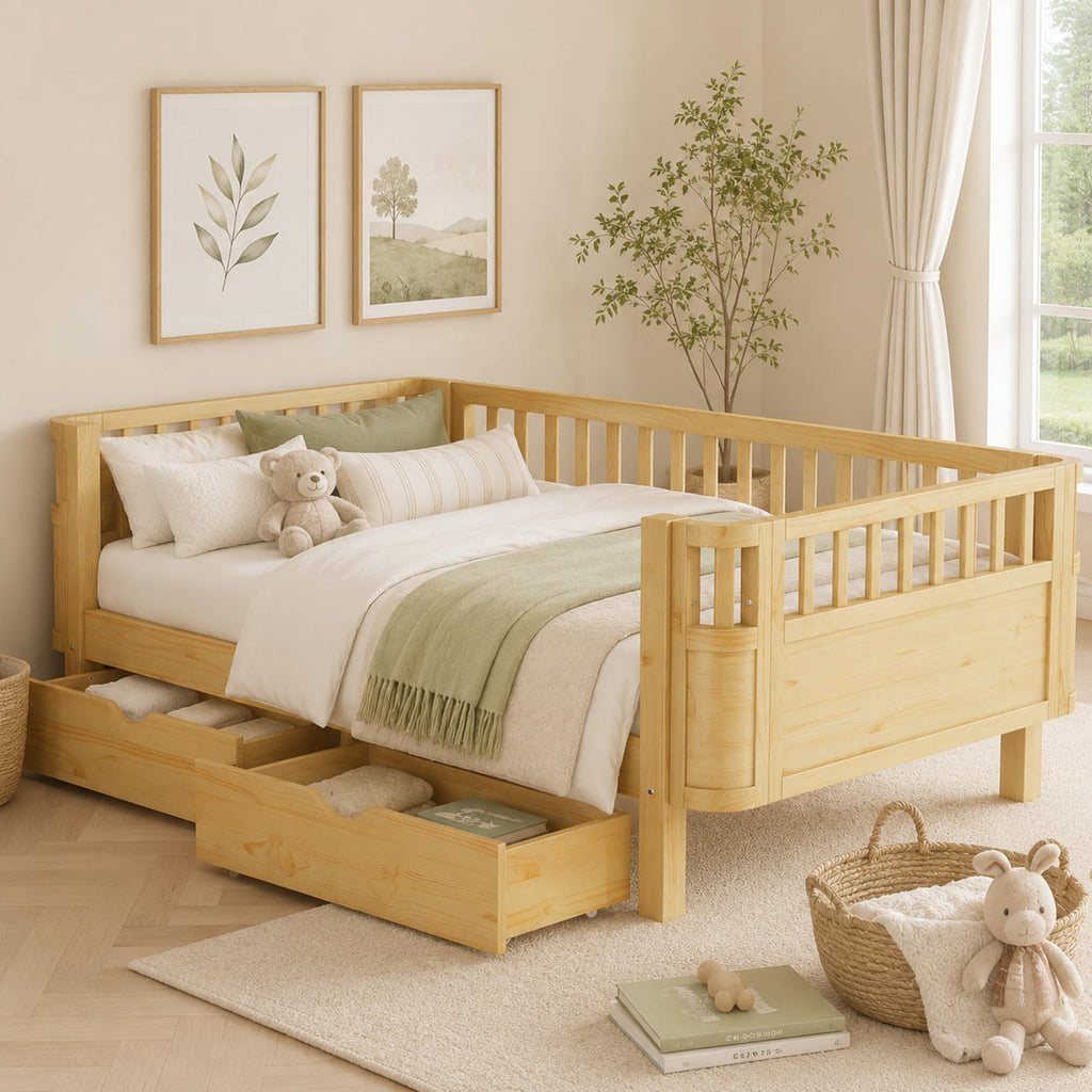 Natural Low Wooden Twin Kids Bed With Storage Drawers