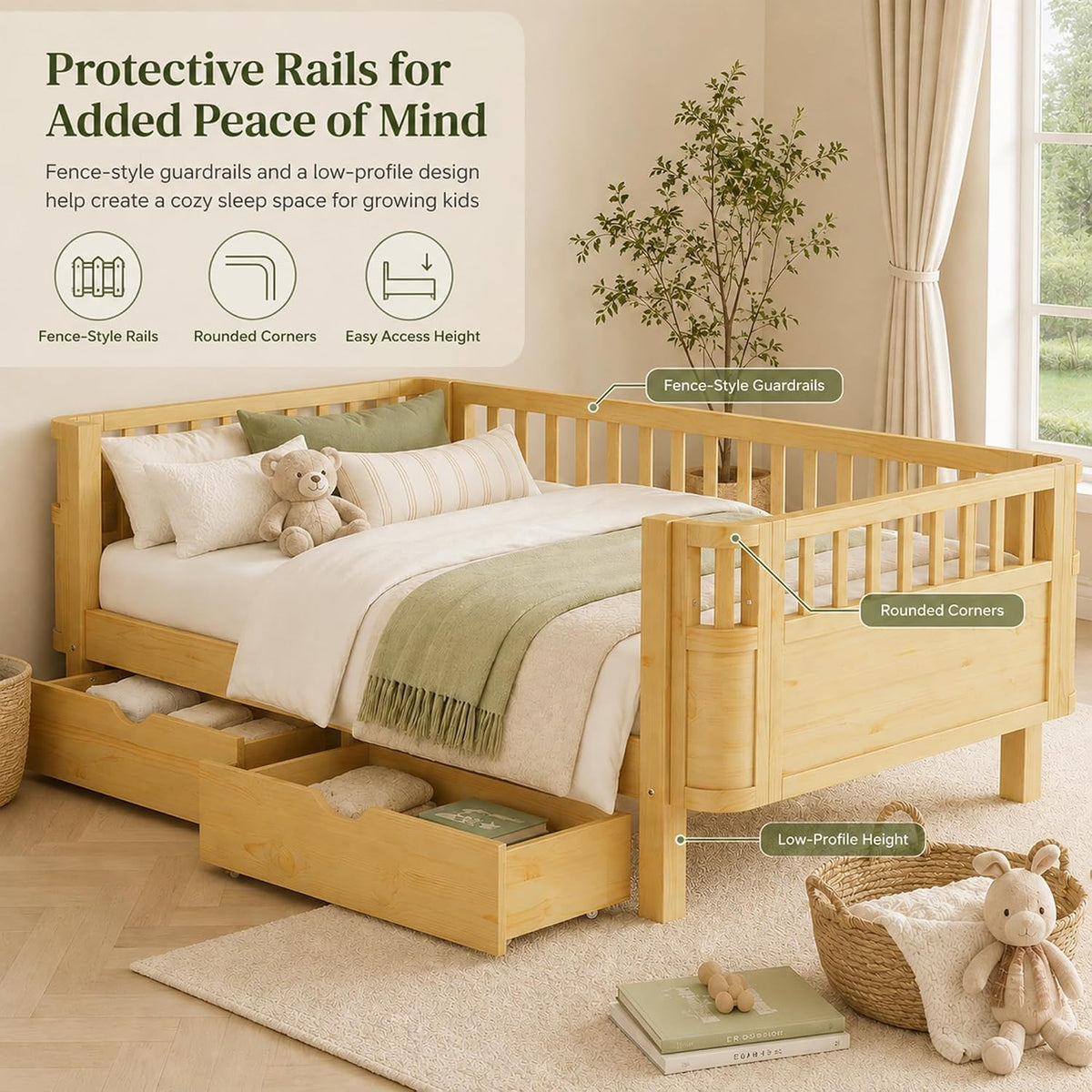 Natural Low Wooden Twin Kids Bed With Storage Drawers