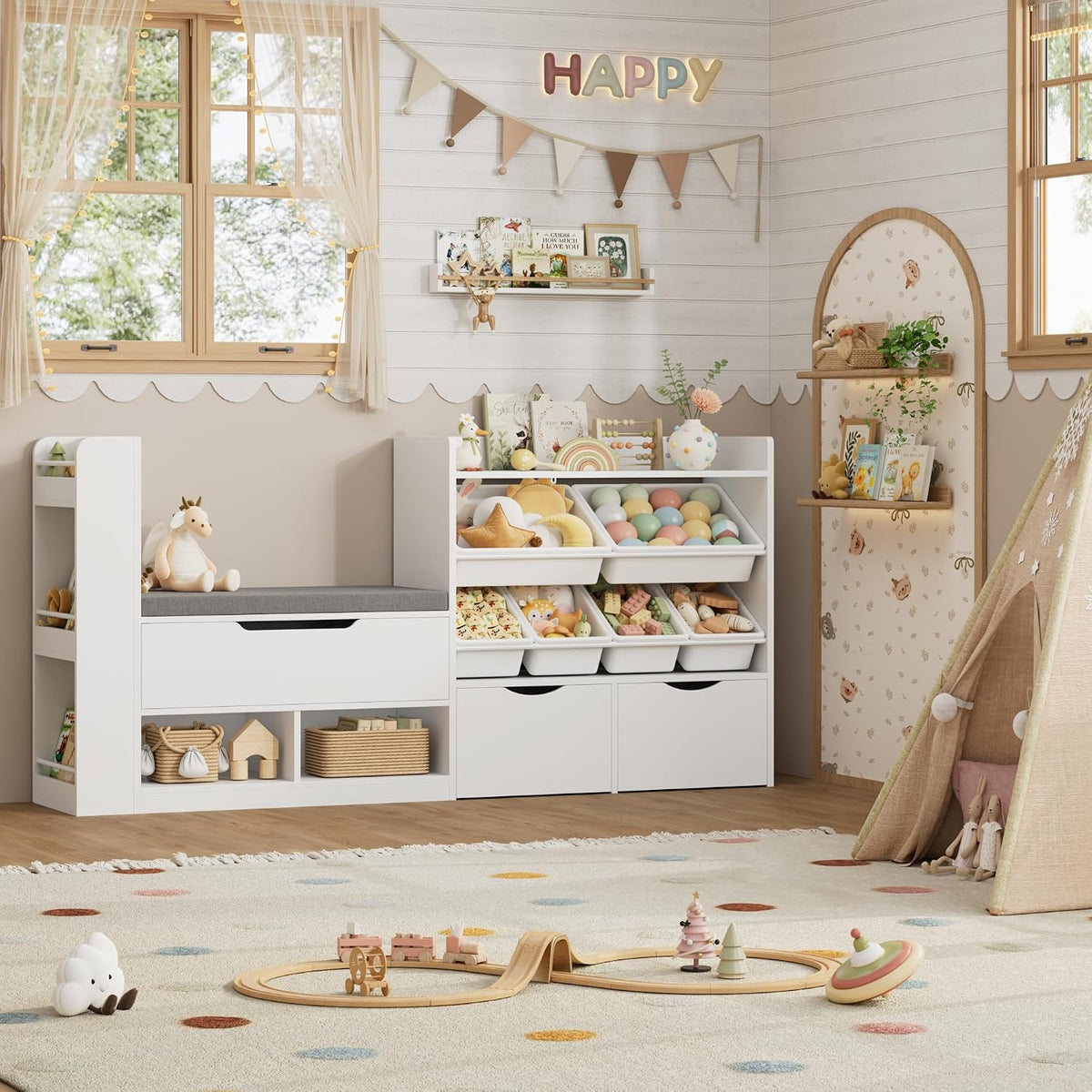 White Wooden Kids Bookshelf With Reading Bench
