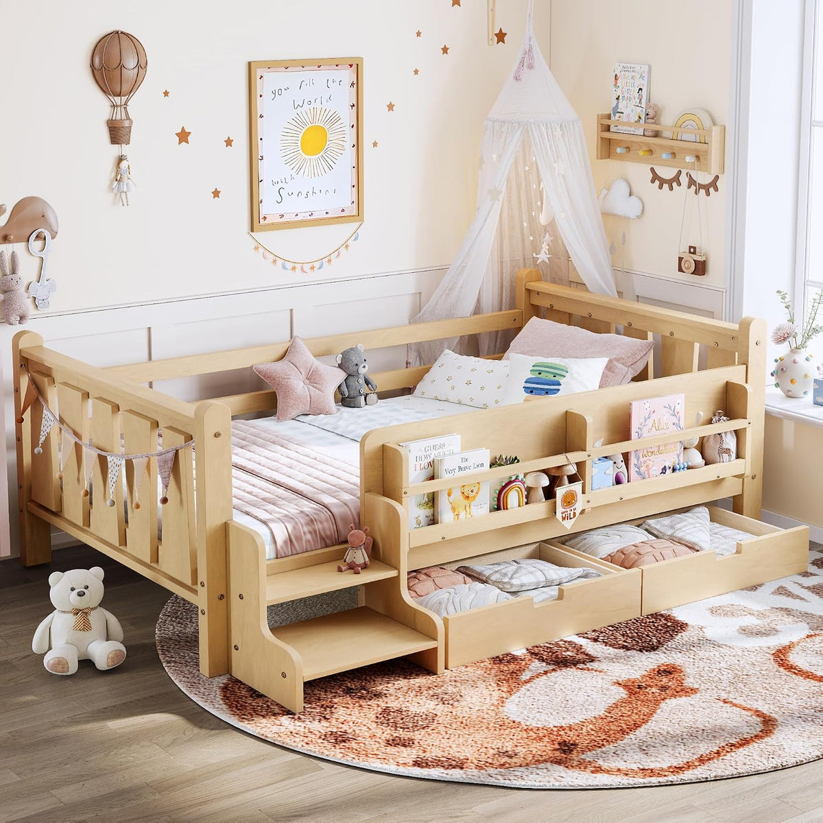 Wooden Montessori Twin Kids Bed With Storage Drawers