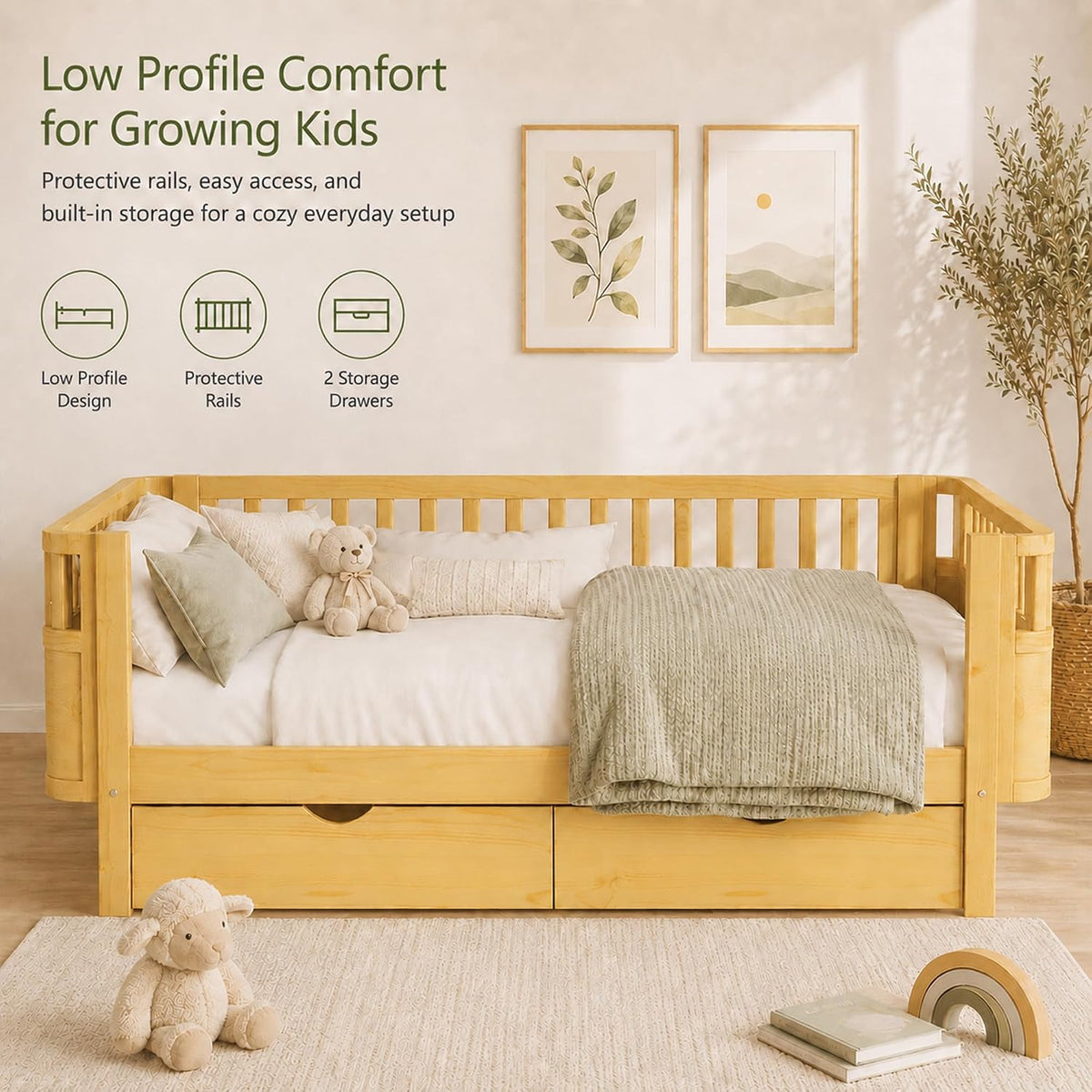 Natural Low Wooden Twin Kids Bed With Storage Drawers
