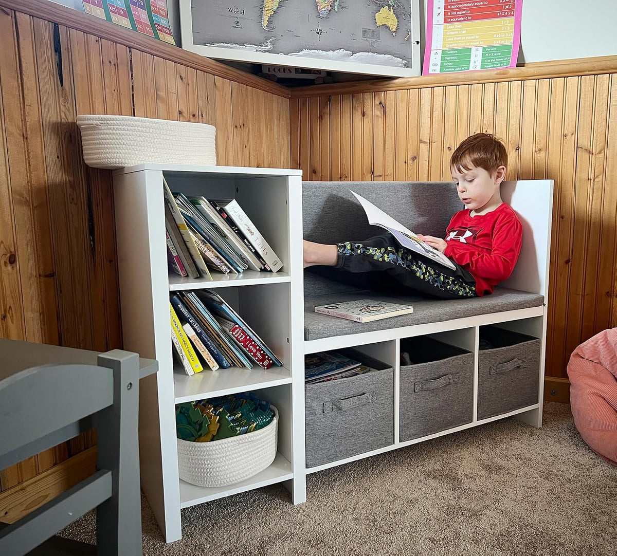 White Kids Reading Bench With Bookshelf Storage