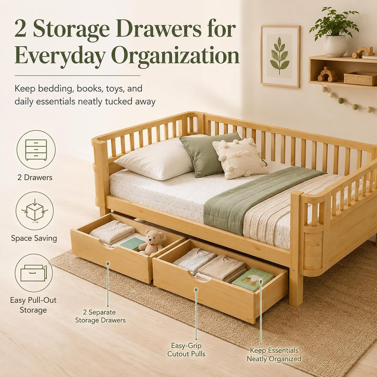 Natural Low Wooden Twin Kids Bed With Storage Drawers