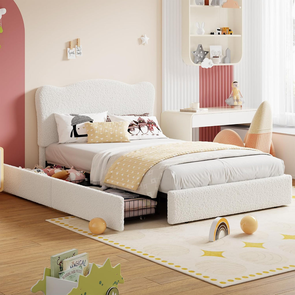 Beige Velvet Kids Bed Frame With Storage Drawers
