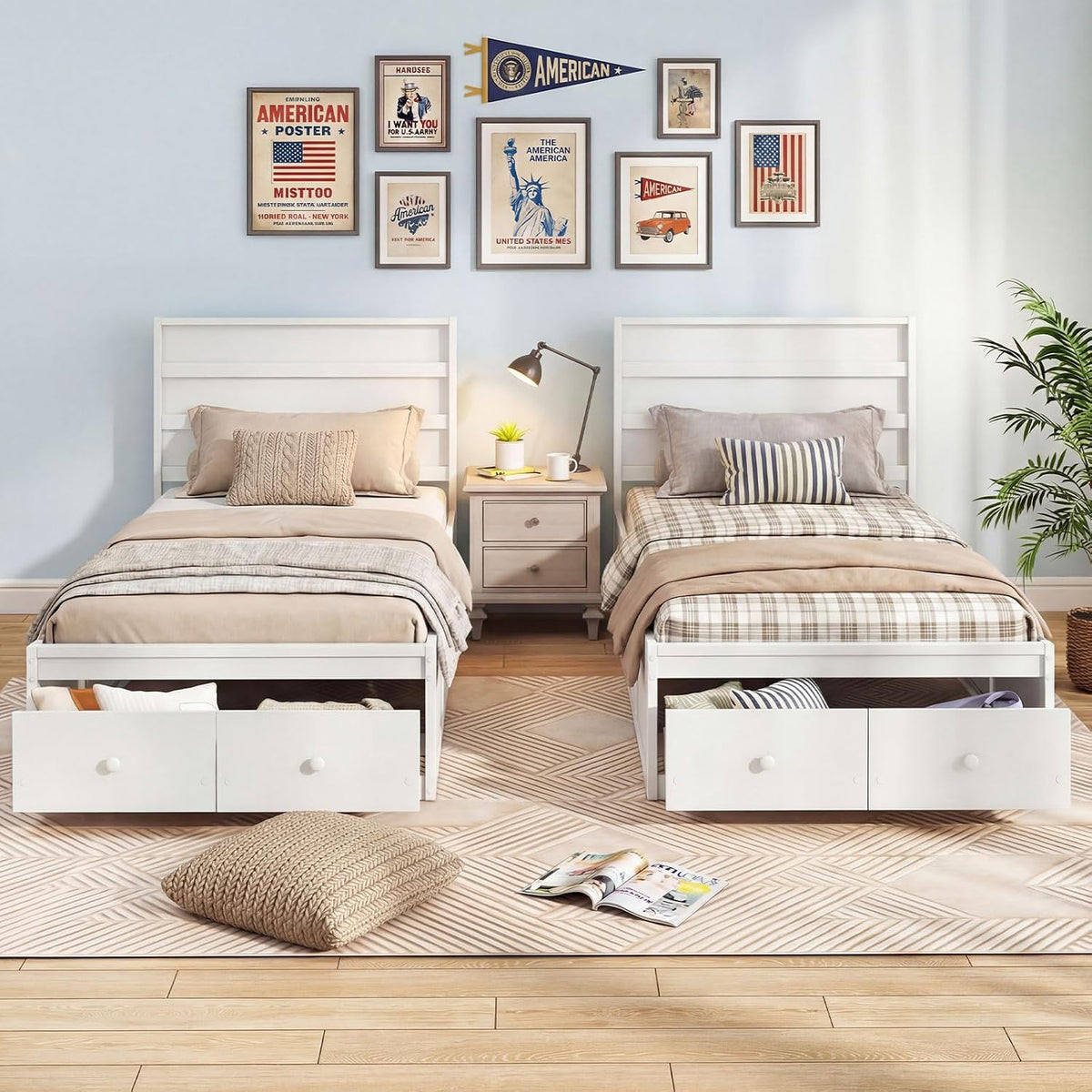 White Wooden Kids Twin Bed Frame With Storage Drawers