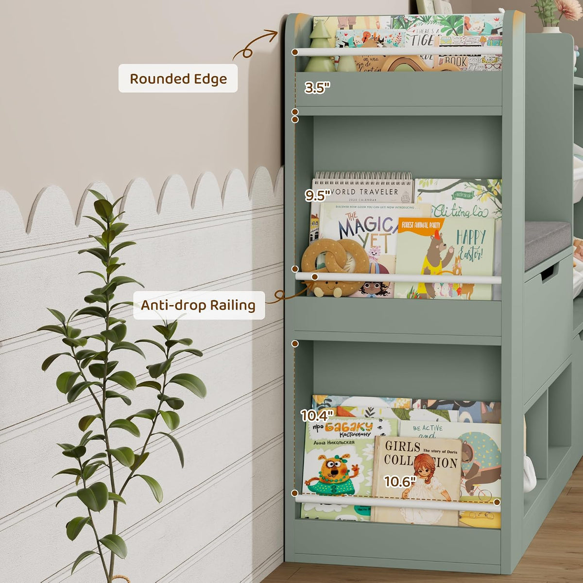 Green Wooden Kids Bookshelf With Storage Bench