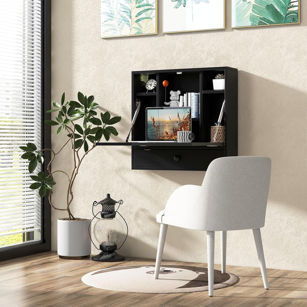 Black Wall‑Mounted Folding Desk With Storage Drawer