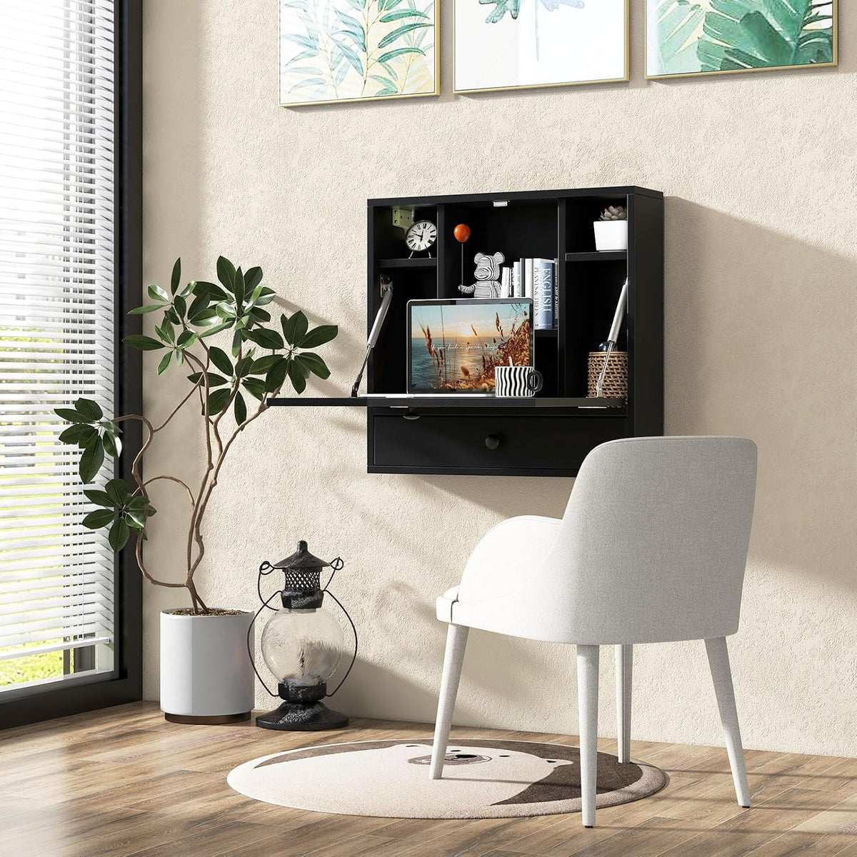 Black Wall‑Mounted Folding Desk With Storage Drawer