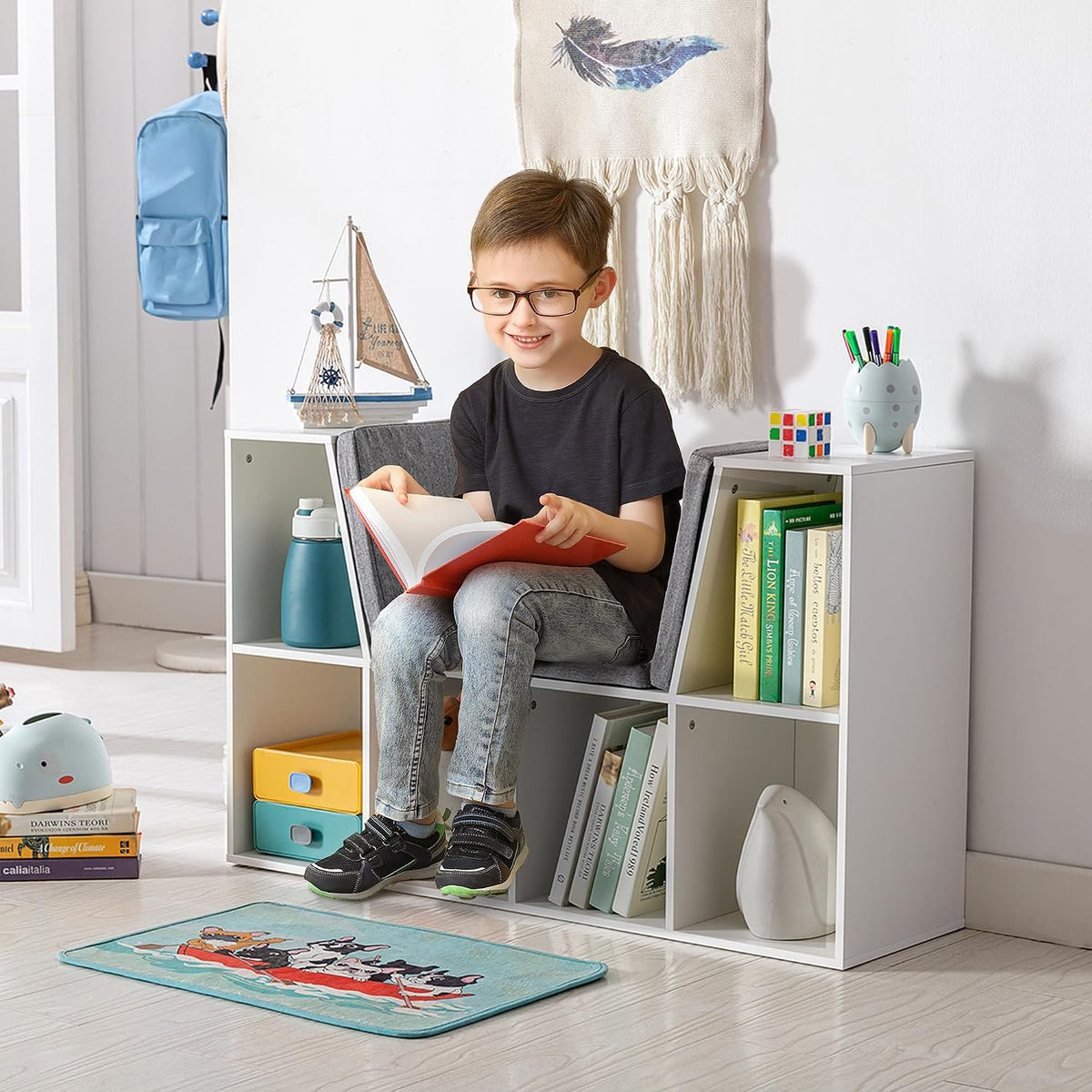 White Kids Bookcase With Reading Nook Cushion