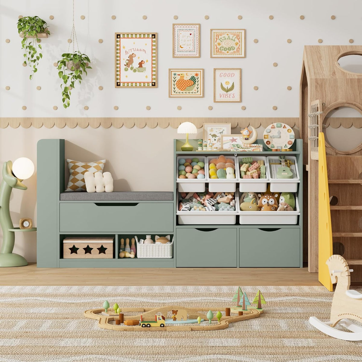 Green Wooden Kids Bookshelf With Storage Bench
