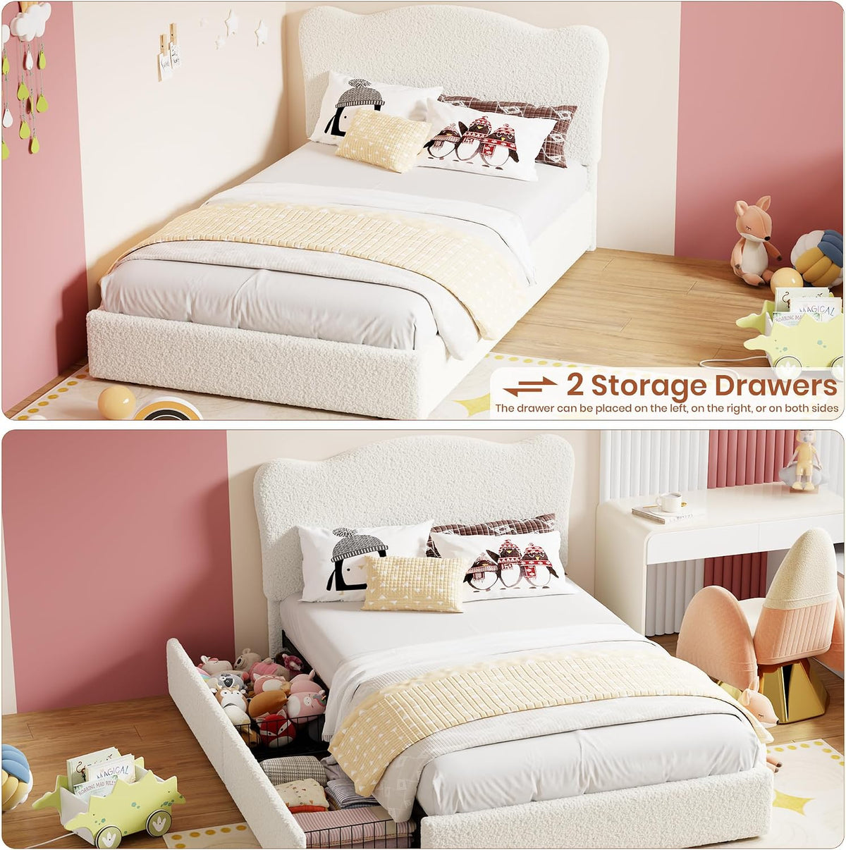 Beige Velvet Kids Bed Frame With Storage Drawers