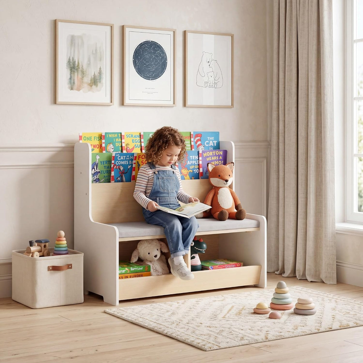 Wooden Kids Bookshelf With Reading Nook Bench