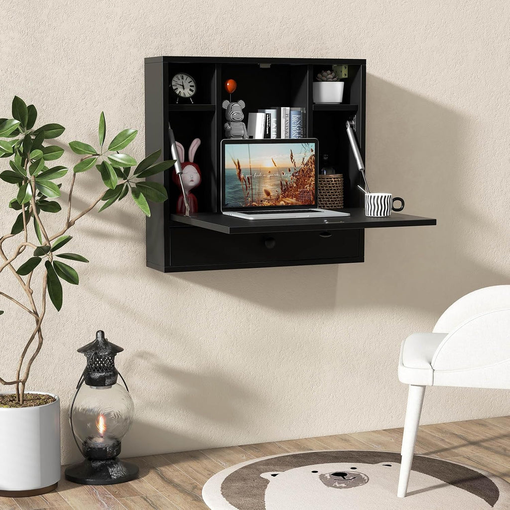 Black Wall‑Mounted Folding Desk With Storage Drawer