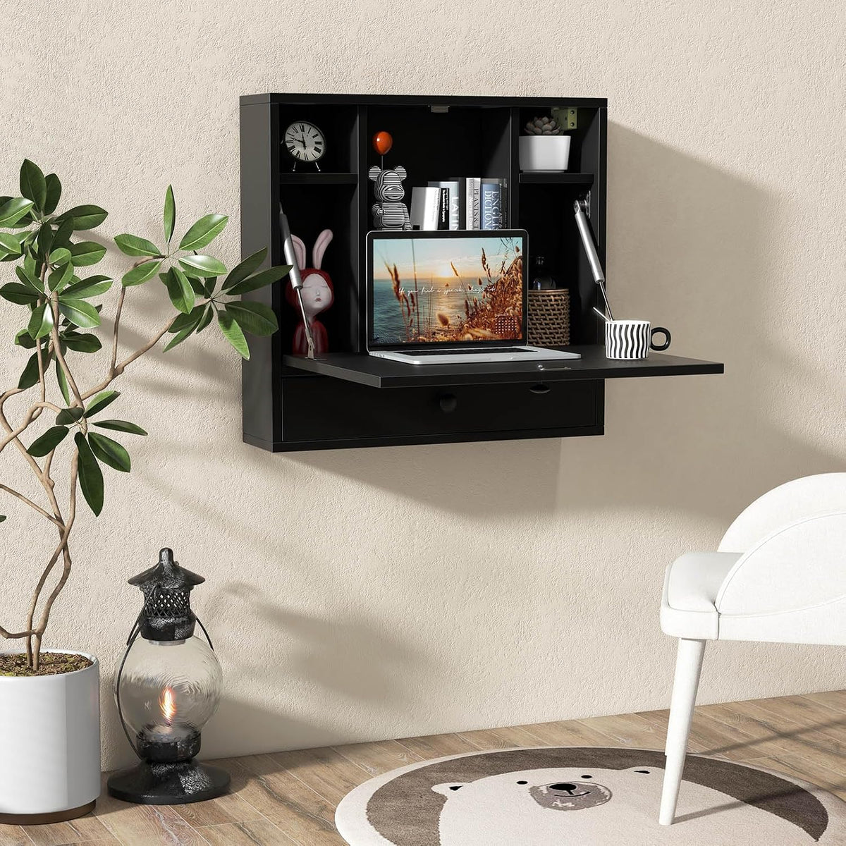 Black Wall‑Mounted Folding Desk With Storage Drawer