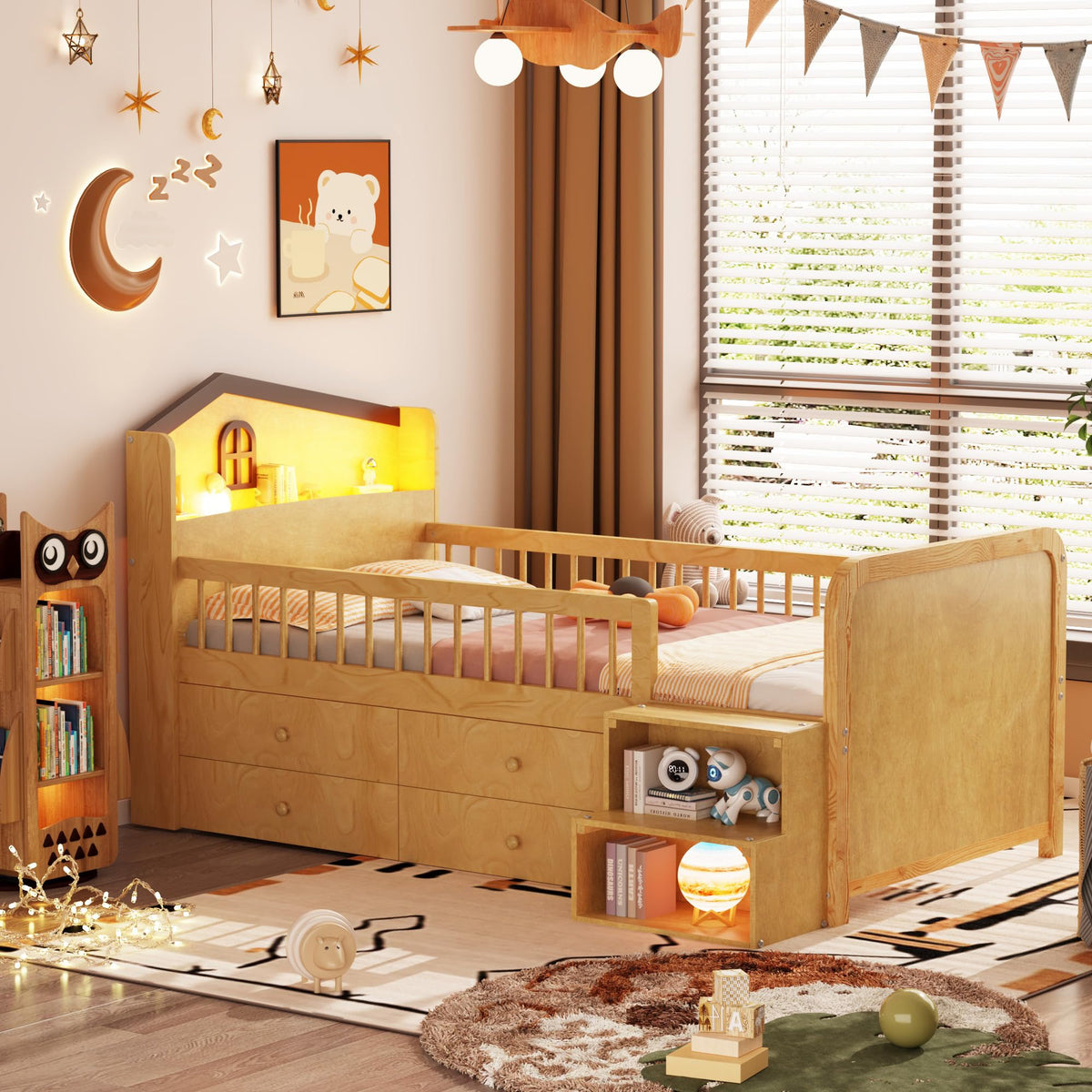 Natural Wood Kids Low Loft Bed With Storage Drawers