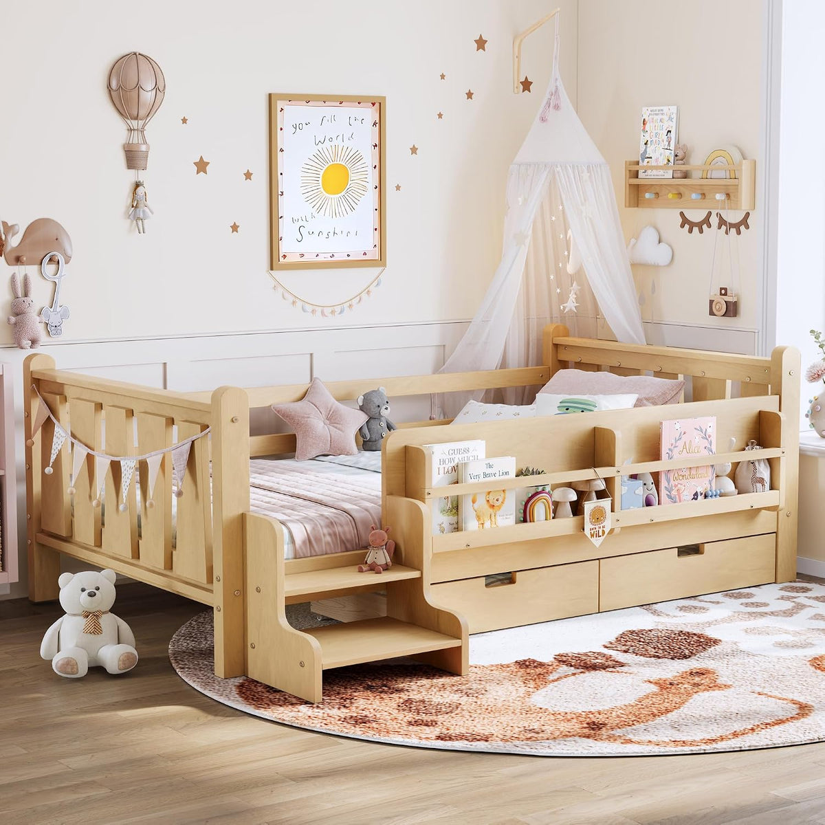 Wooden Montessori Twin Kids Bed With Storage Drawers
