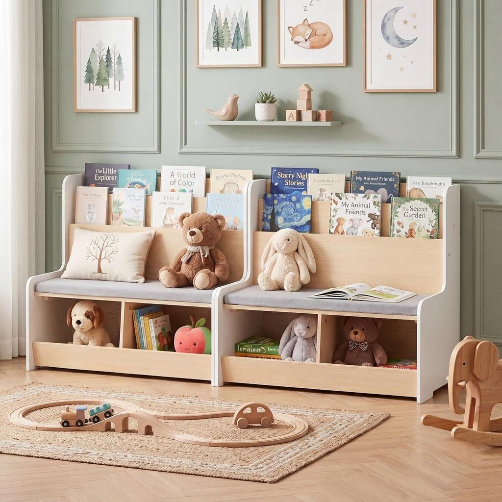 Wooden Kids Bookshelf With Reading Nook Bench