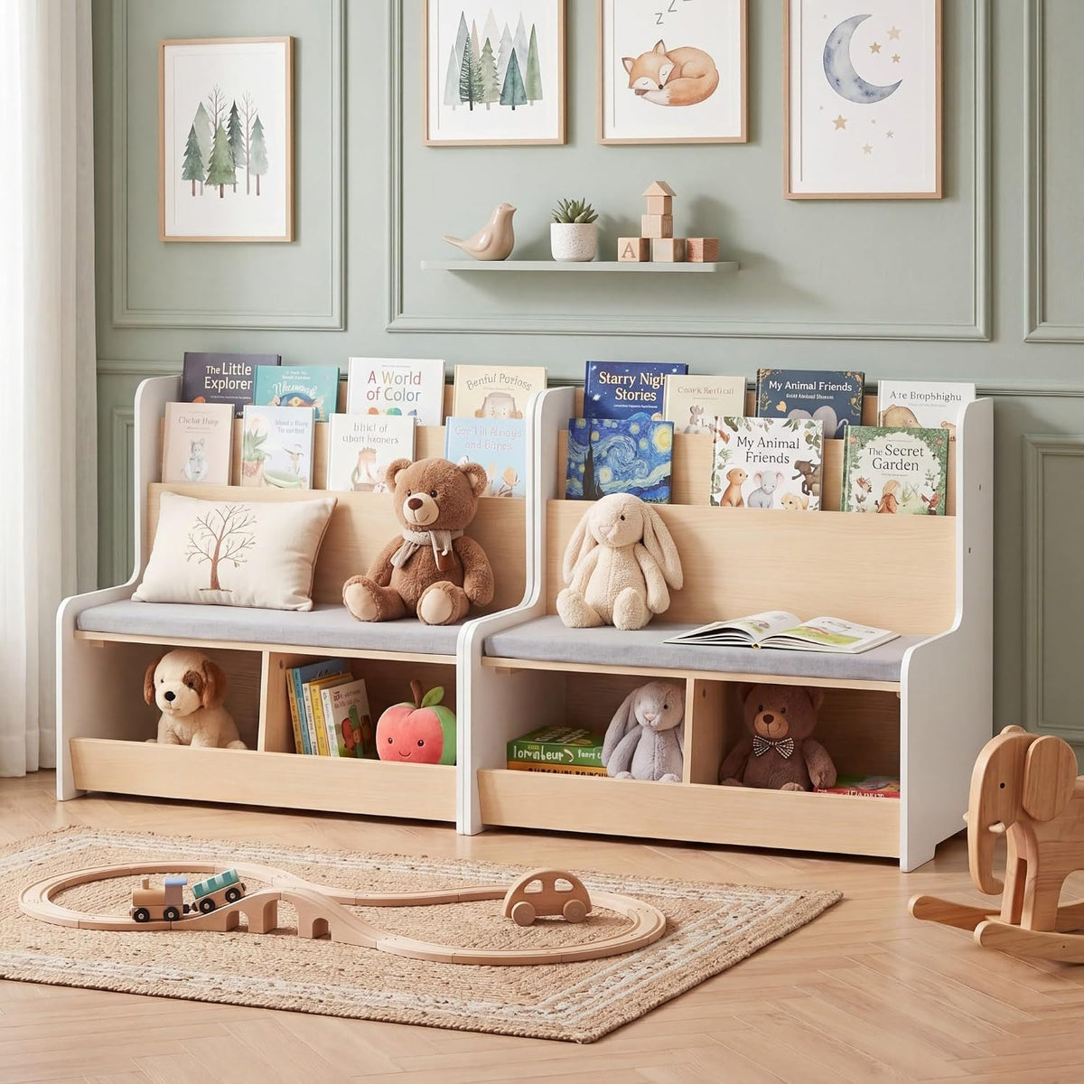 Wooden Kids Bookshelf With Reading Nook Bench