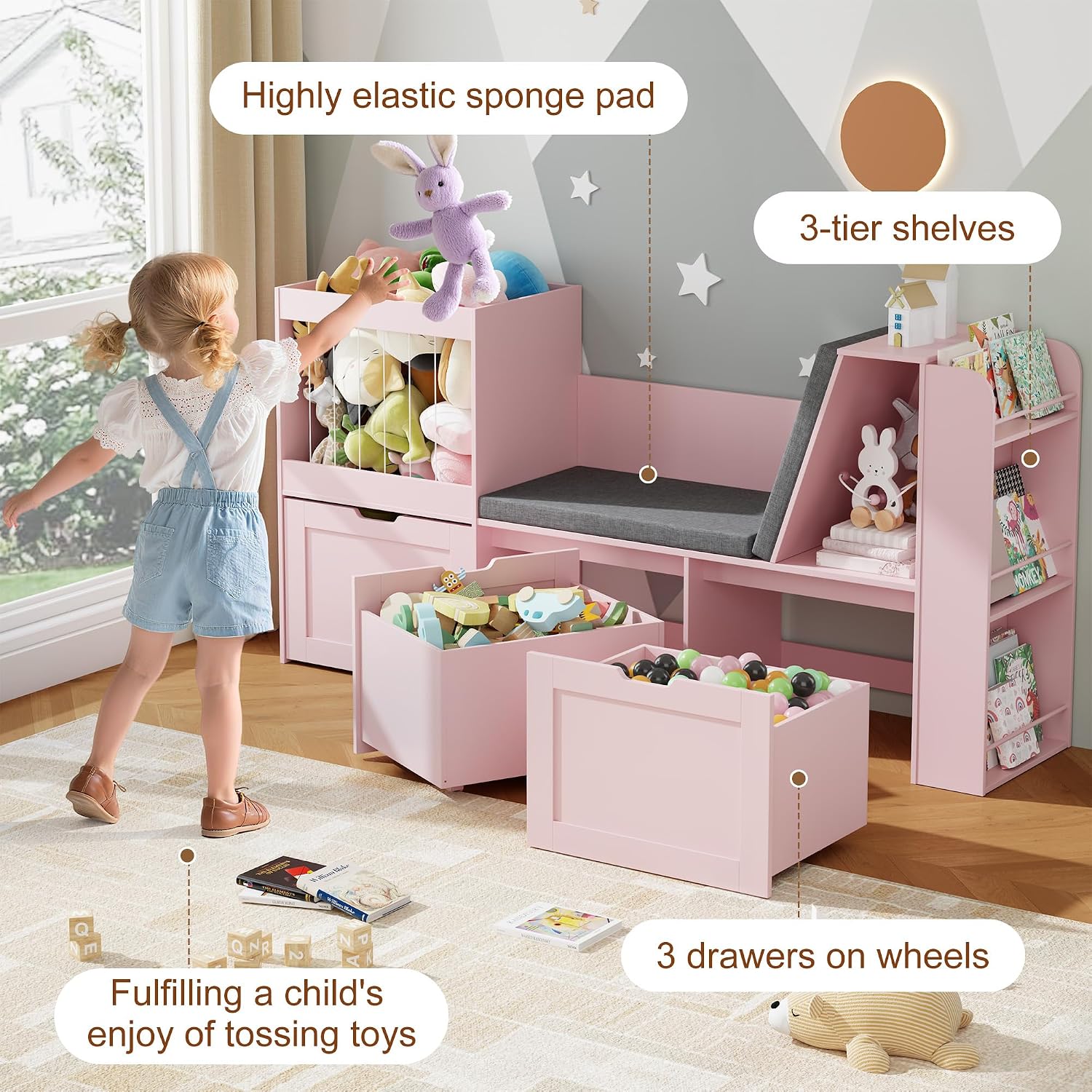 Pink Wooden Kids Storage Bench With Bookshelf Drawers