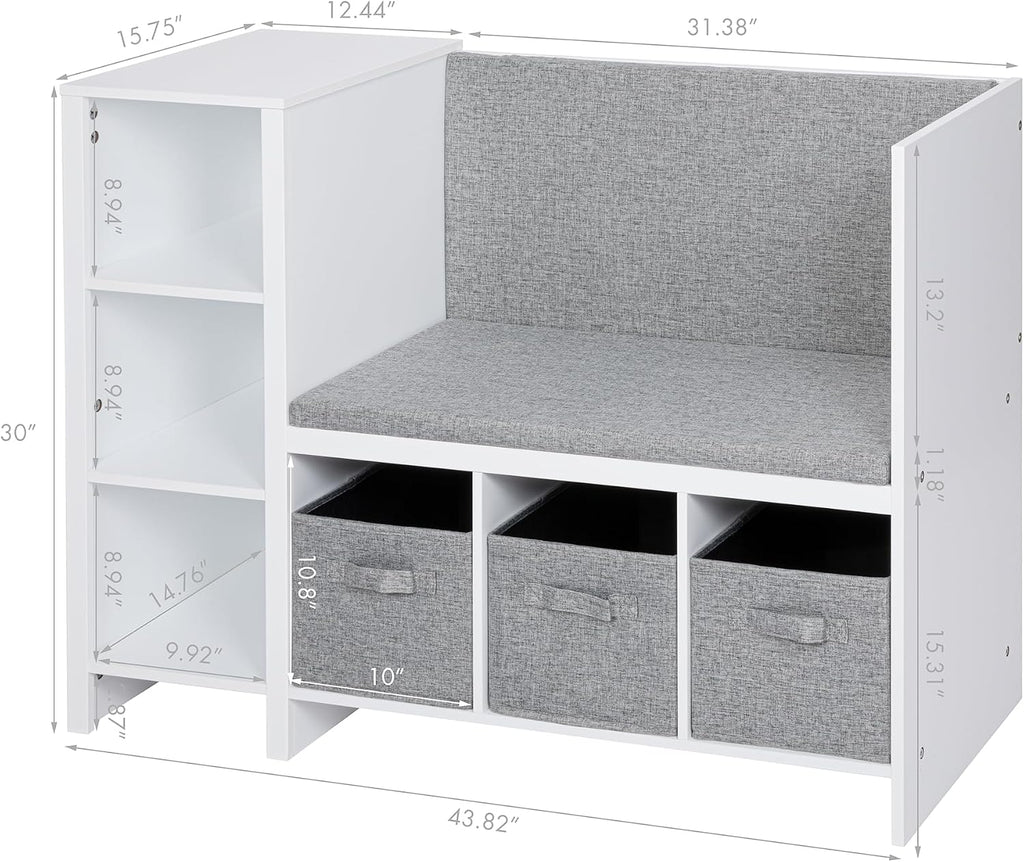 White Kids Reading Bench With Bookshelf Storage
