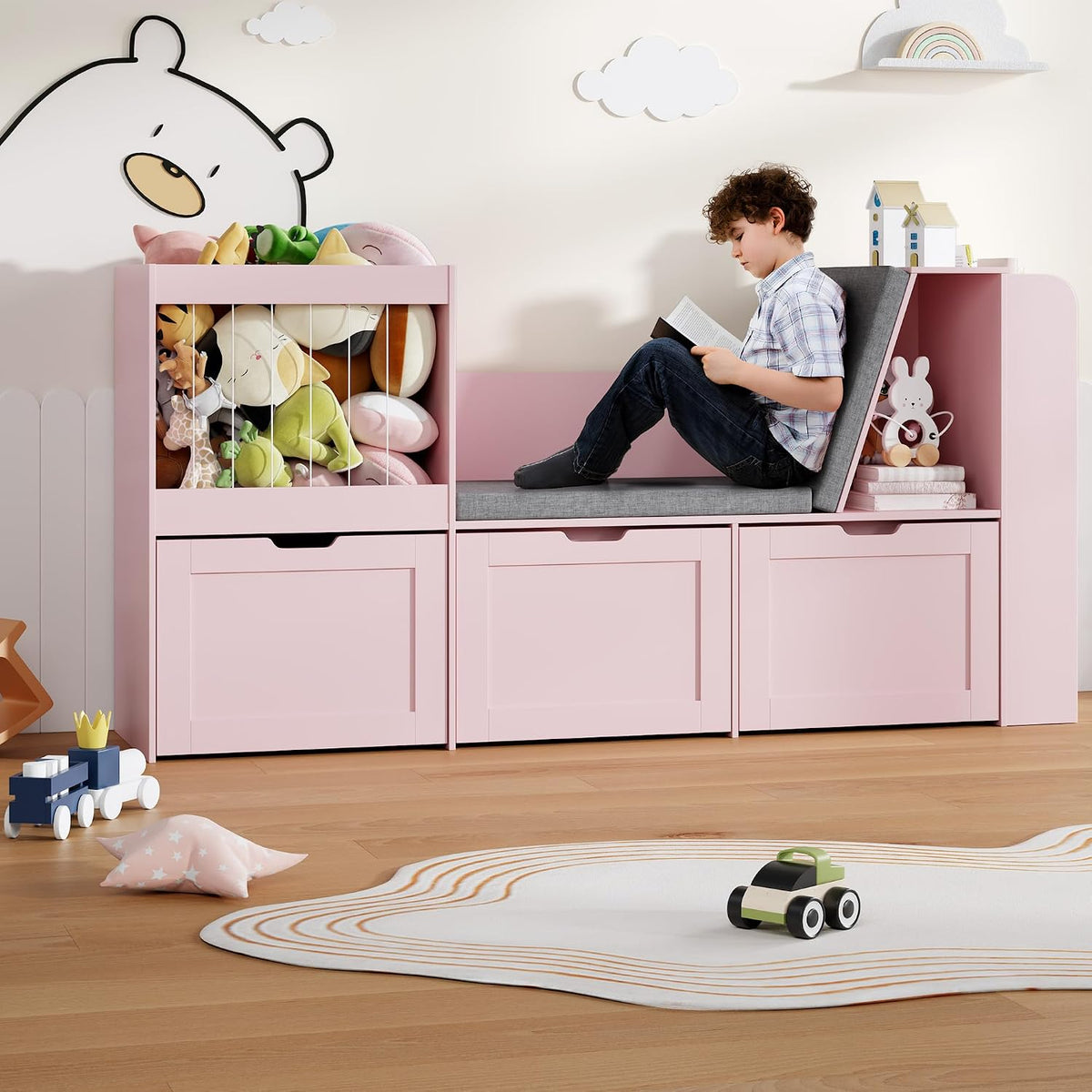 Pink Wooden Kids Storage Bench With Bookshelf Drawers