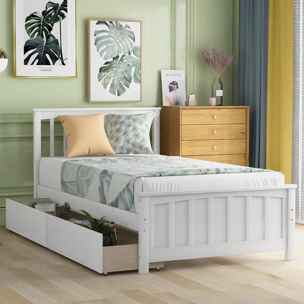 White Wooden Twin Kids Bed Frame With Storage Drawers