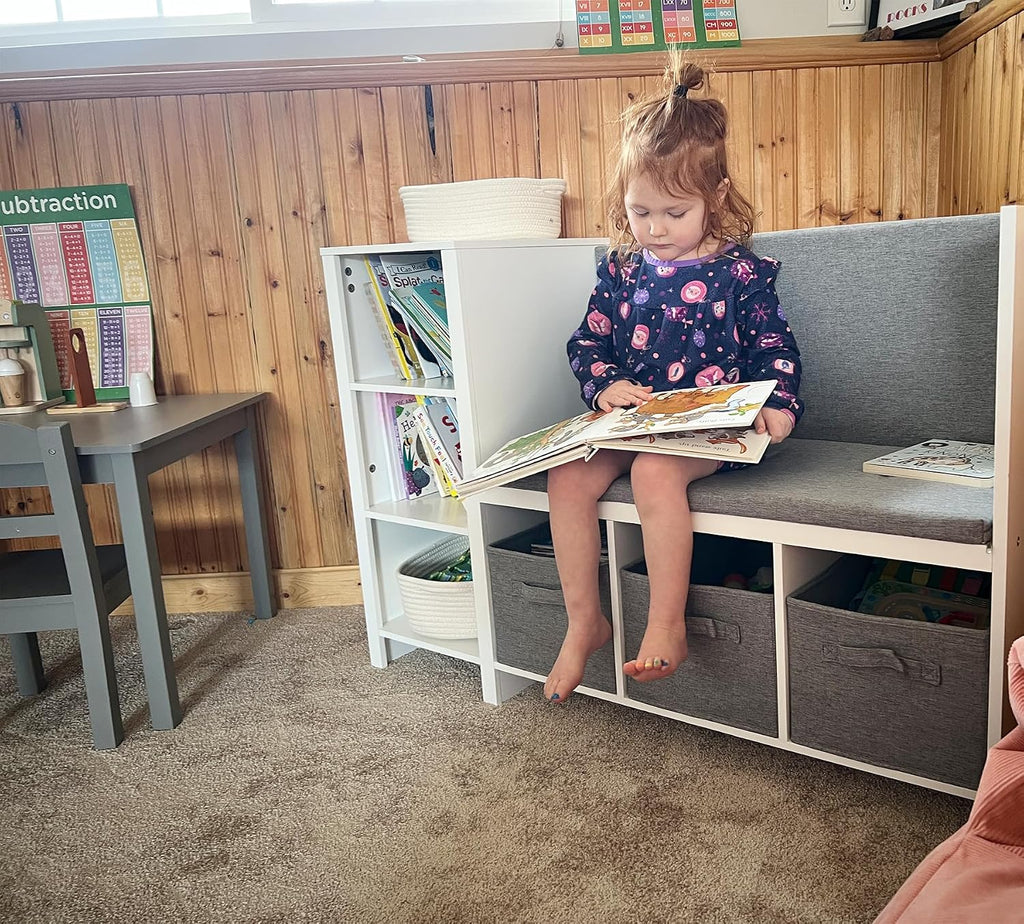 White Kids Reading Bench With Bookshelf Storage