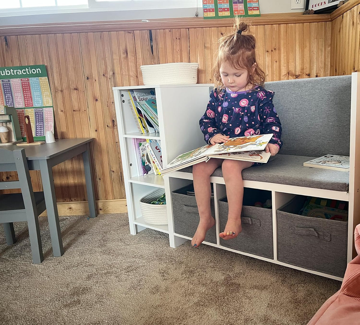 White Kids Reading Bench With Bookshelf Storage