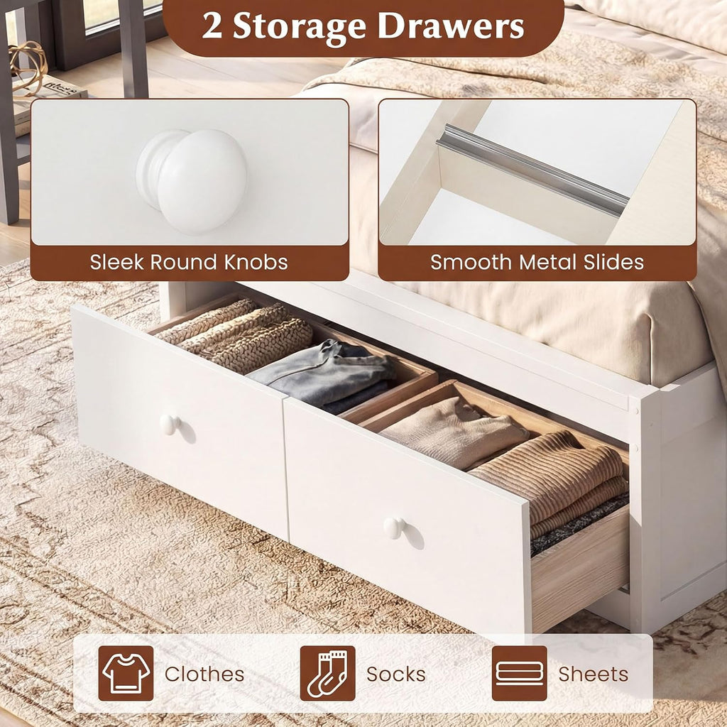 White Wooden Kids Twin Bed Frame With Storage Drawers