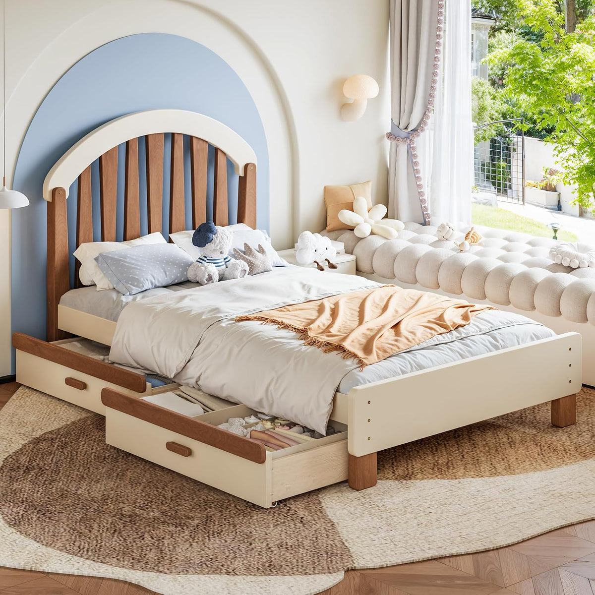 Natural Low Wooden Twin Kids Bed With Storage Drawers