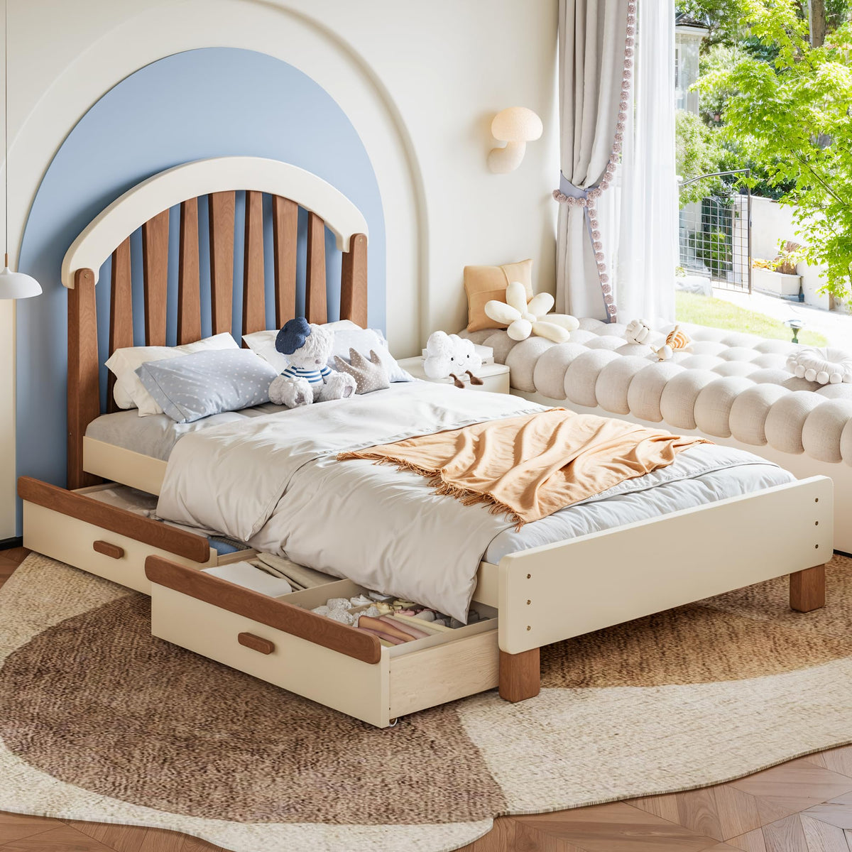 Natural Low Wooden Twin Kids Bed With Storage Drawers