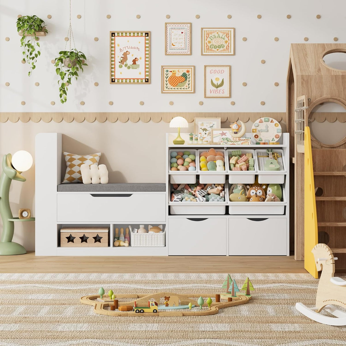 White Wooden Kids Bookshelf With Reading Bench