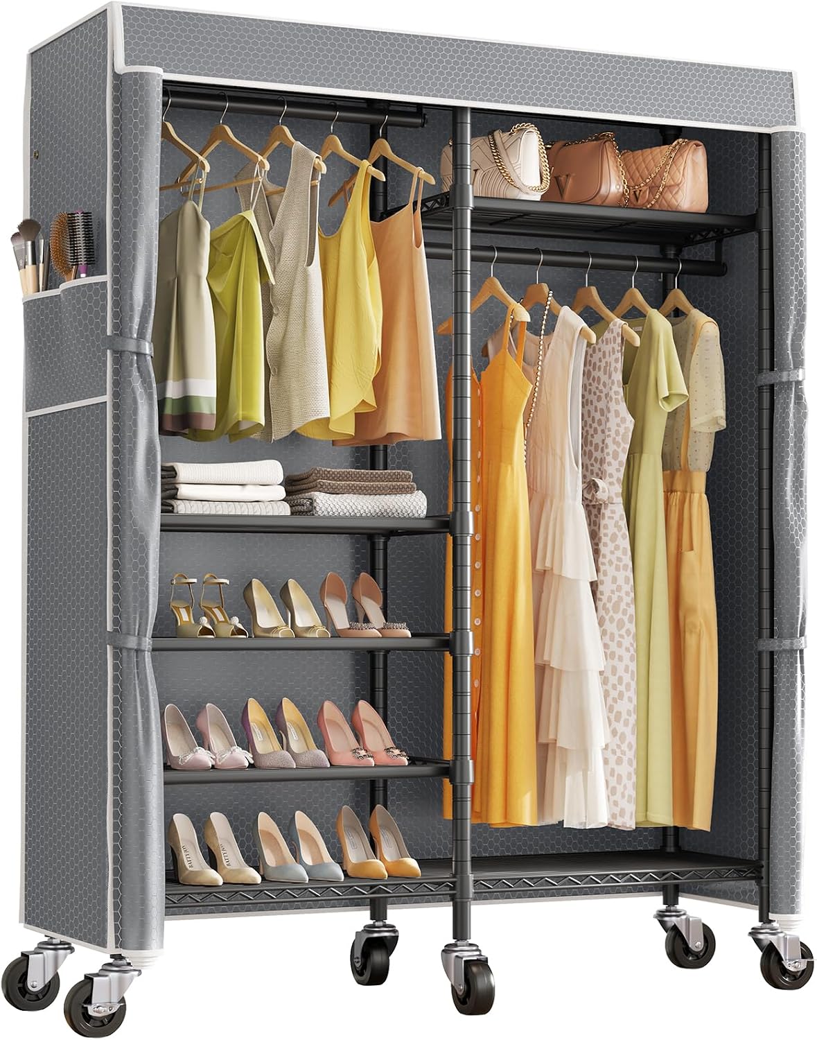 Grey Heavy‑Duty Rolling Covered Portable Garment Rack