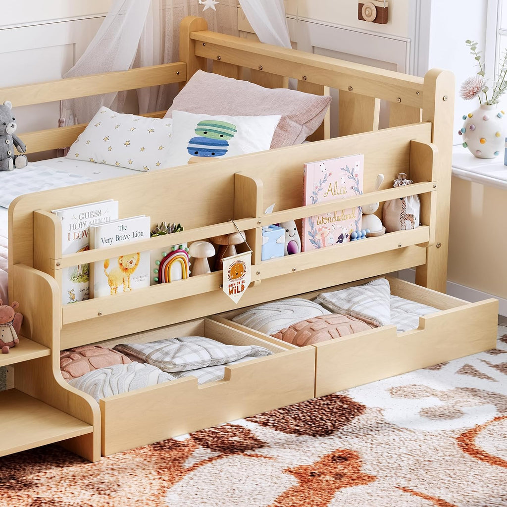 Wooden Montessori Twin Kids Bed With Storage Drawers