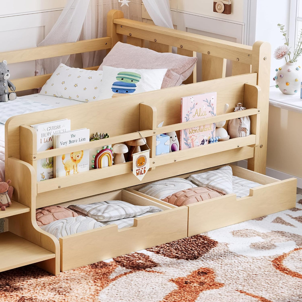 Wooden Montessori Twin Kids Bed With Storage Drawers