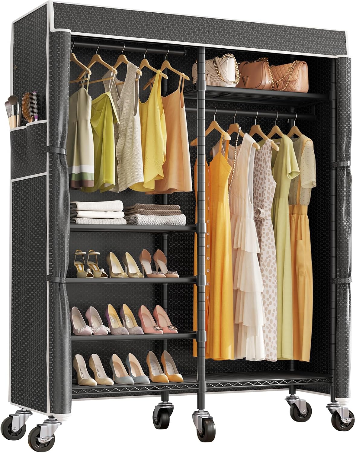 Black Rolling Portable Covered Garment Closet Rack