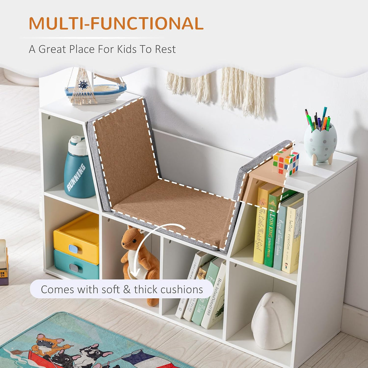 White Kids Bookcase With Reading Nook Cushion