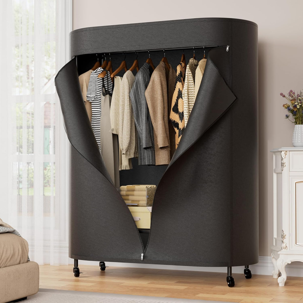Black Heavy‑Duty Rolling Covered Portable Garment Rack