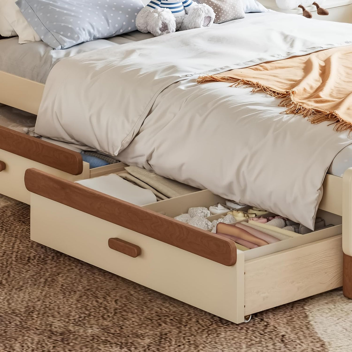 Natural Low Wooden Twin Kids Bed With Storage Drawers