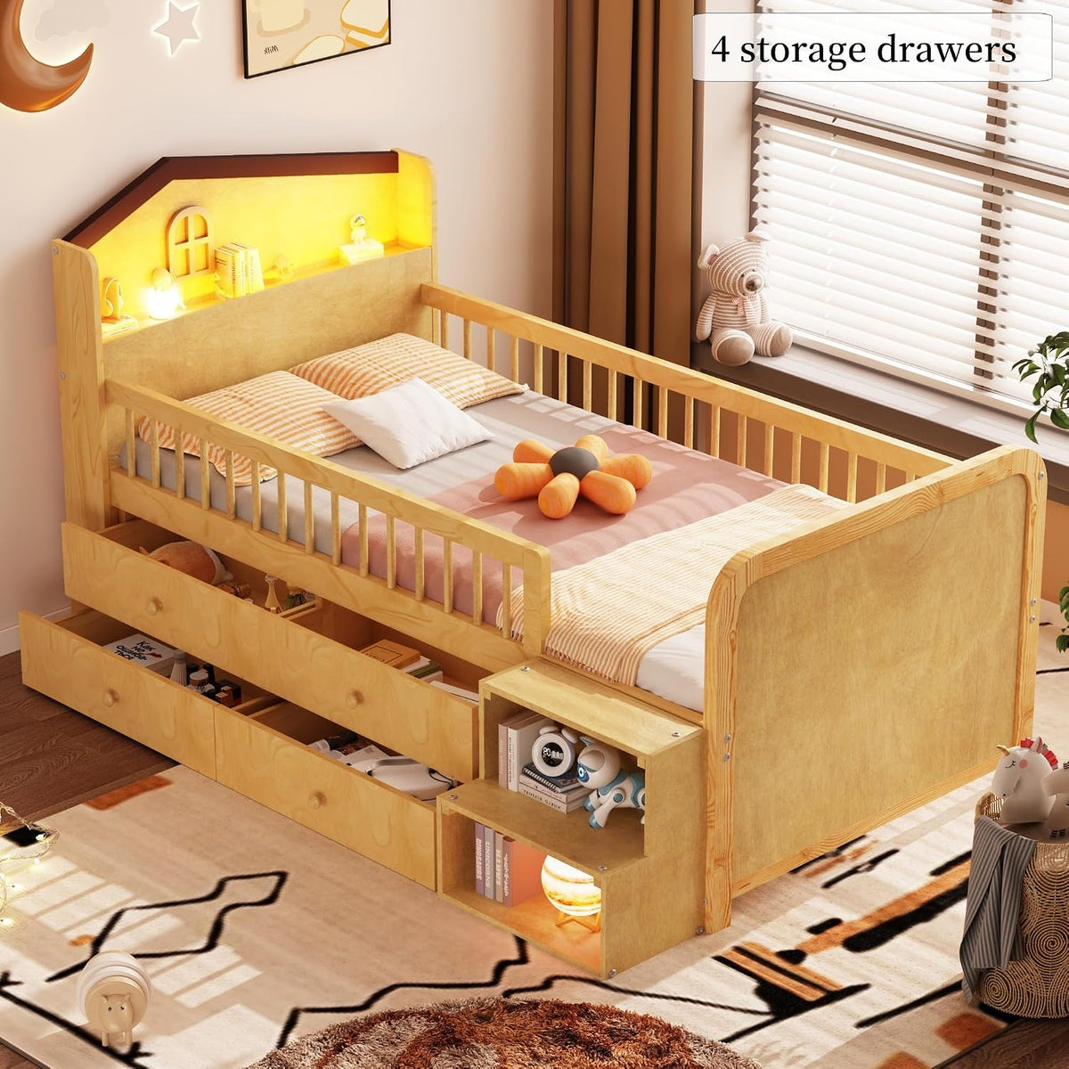 Natural Wood Kids Low Loft Bed With Storage Drawers