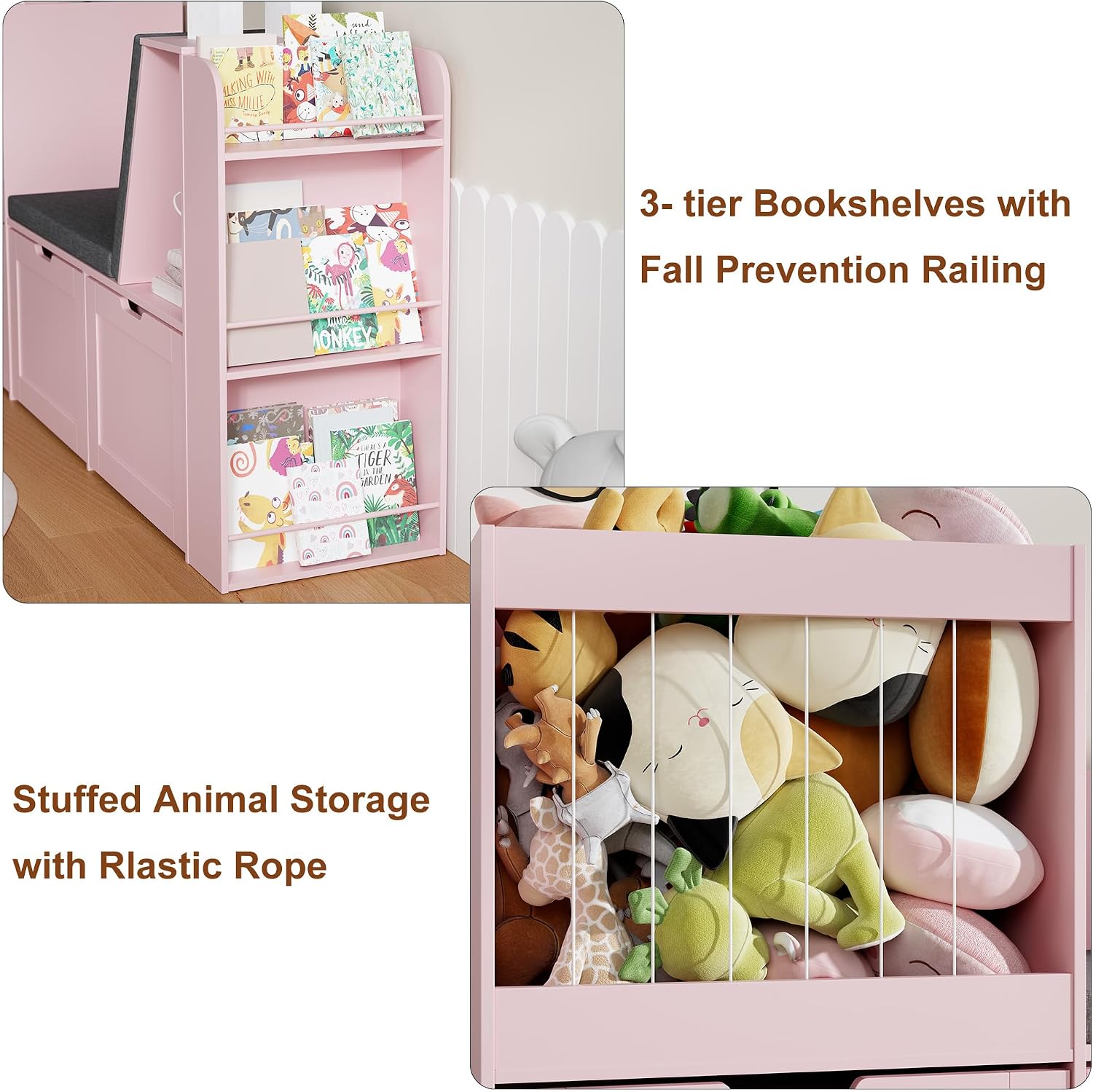 Pink Wooden Kids Storage Bench With Bookshelf Drawers