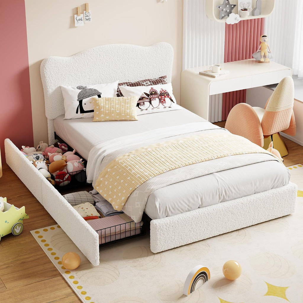 Beige Velvet Kids Bed Frame With Storage Drawers