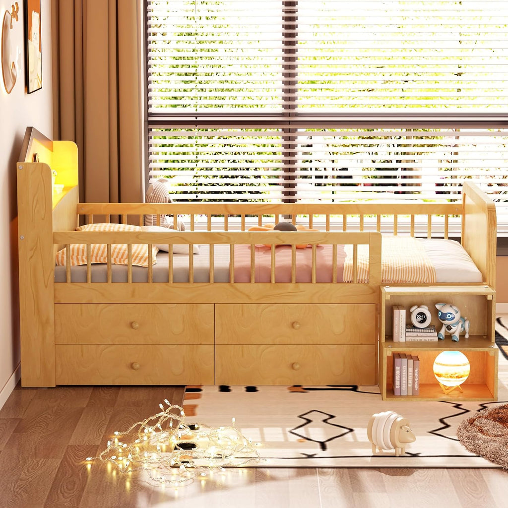 Natural Wood Kids Low Loft Bed With Storage Drawers