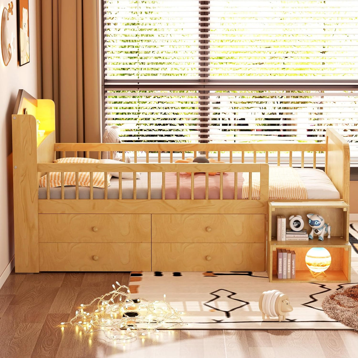 Natural Wood Kids Low Loft Bed With Storage Drawers