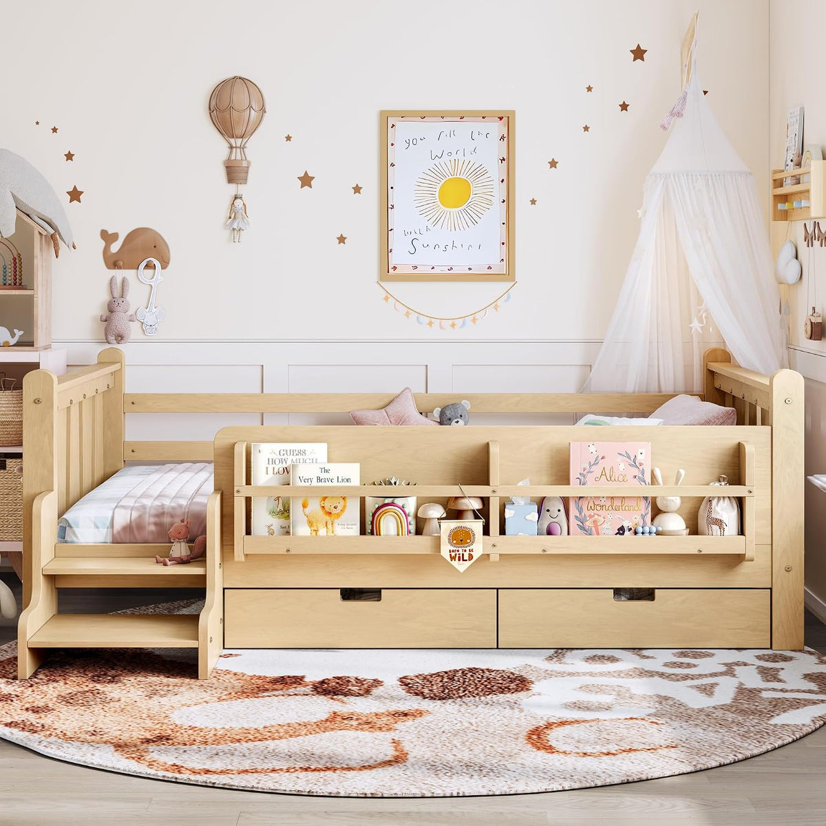 Wooden Montessori Twin Kids Bed With Storage Drawers