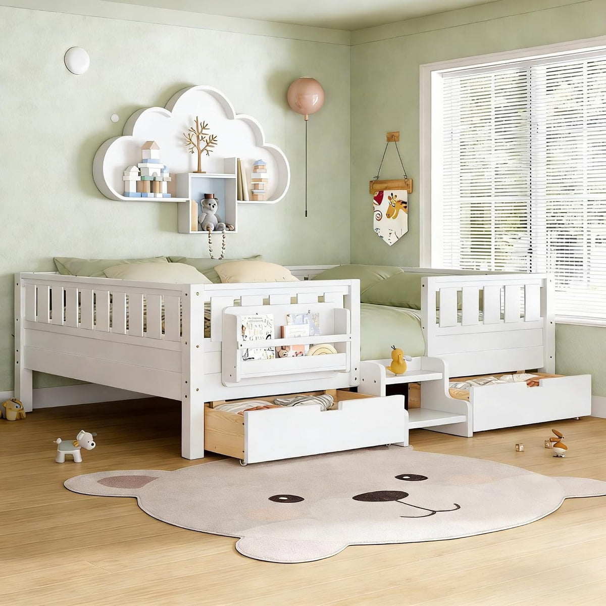 White Queen Kids Storage Platform Bed with Stairs & Guardrails