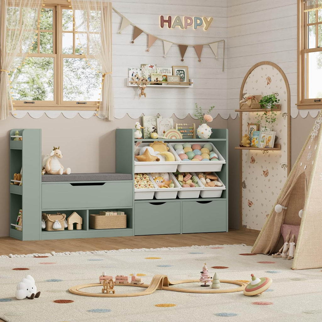 Green Wooden Kids Bookshelf With Storage Bench
